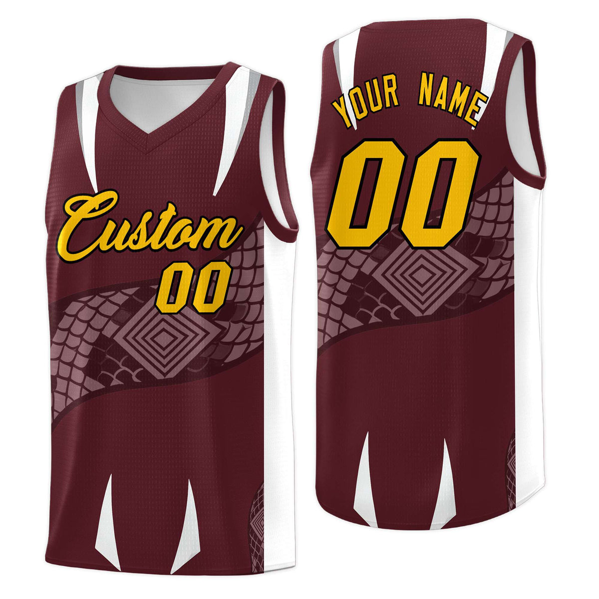 Custom Burgundy White Snake Scale Venomous Fang Drapable Graffiti Pattern Basketball Suit Jersey