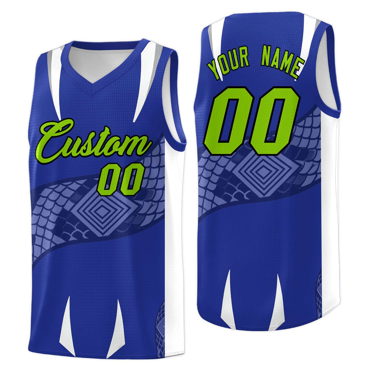Custom Royal White Snake Scale Venomous Fang Drapable Graffiti Pattern Basketball Suit Jersey