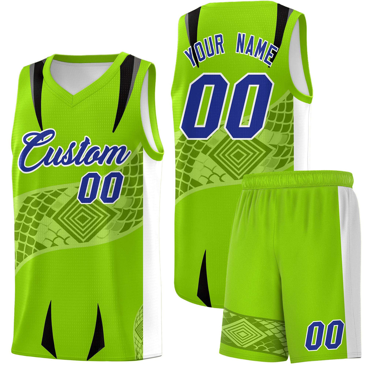 Custom Neon Green White Snake Scale Venomous Fang for Leagues Graffiti Pattern Basketball Suit Jersey