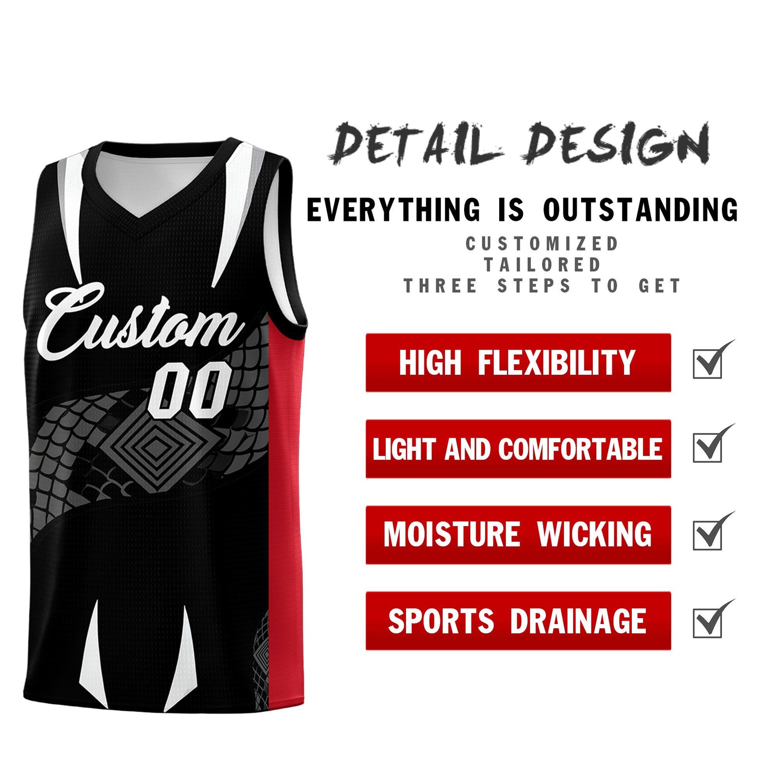 Custom Black Red  Snake Scale Venomous Fang Breathable Graffiti Pattern Basketball Suit Jersey