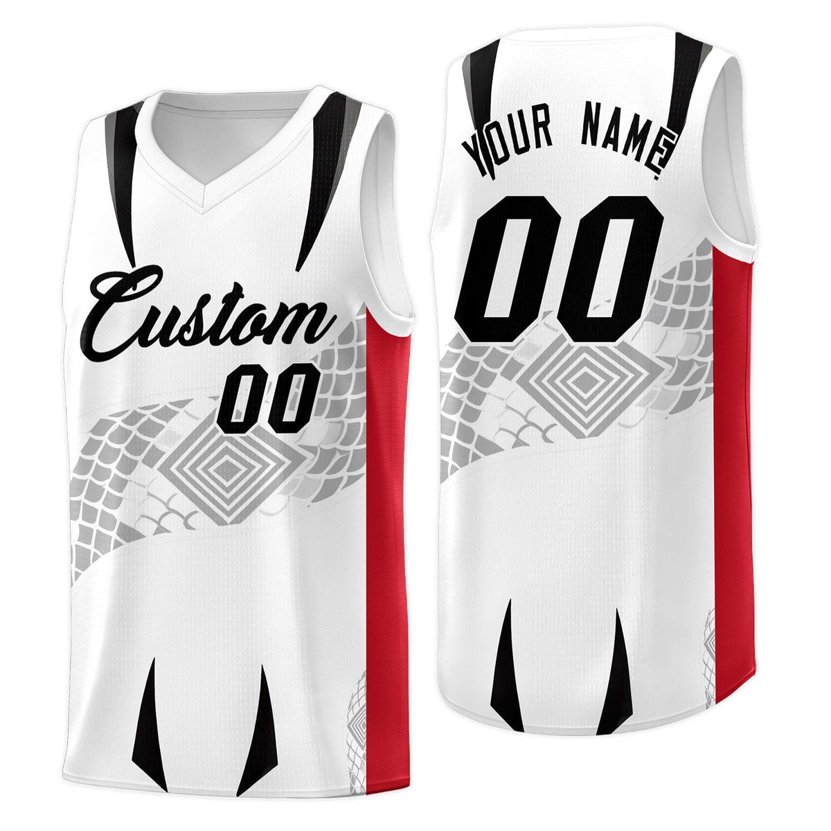 Custom White Red Snake Scale Venomous Fang for Clubs Graffiti Pattern Basketball Suit Jersey