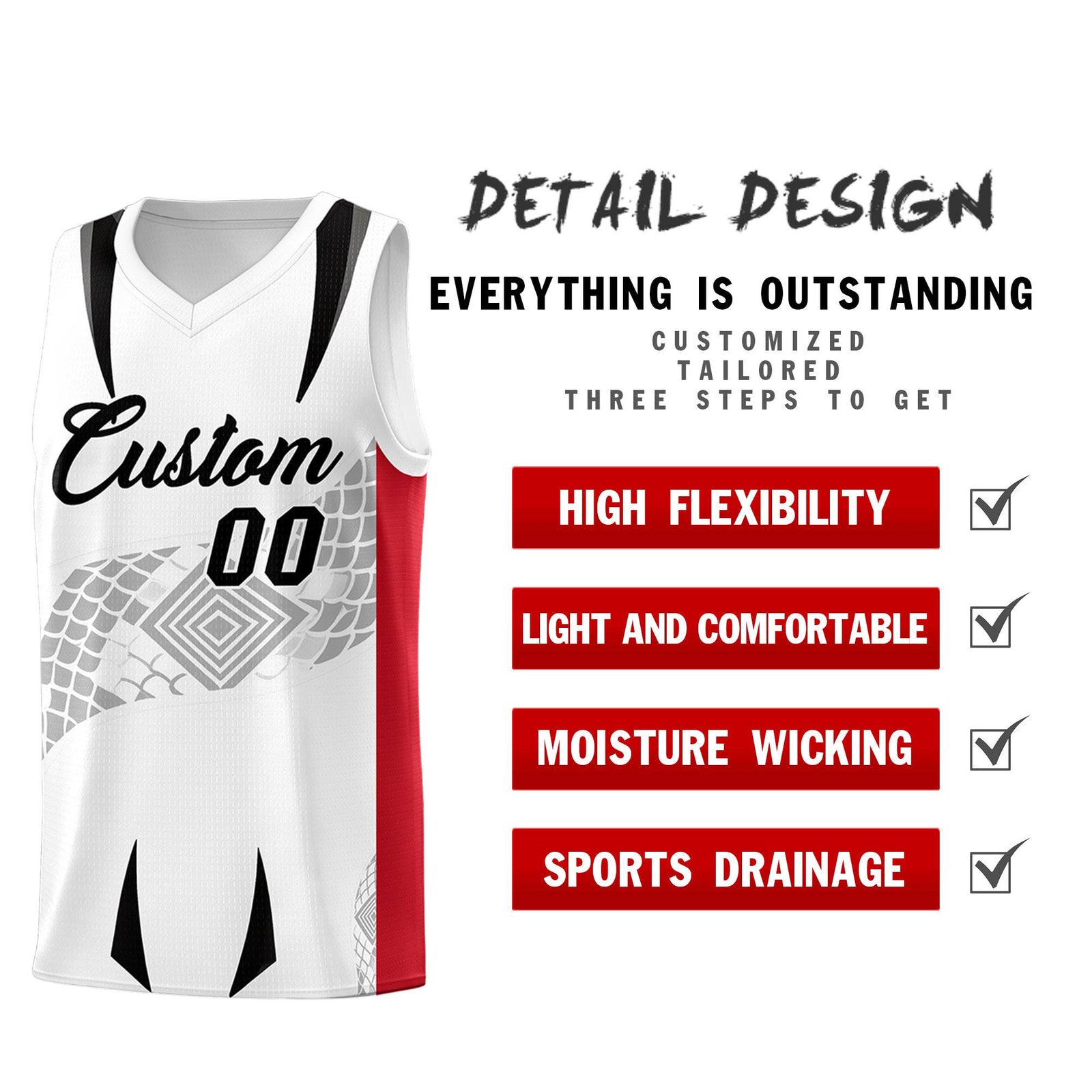 Custom White Red Snake Scale Venomous Fang for Clubs Graffiti Pattern Basketball Suit Jersey