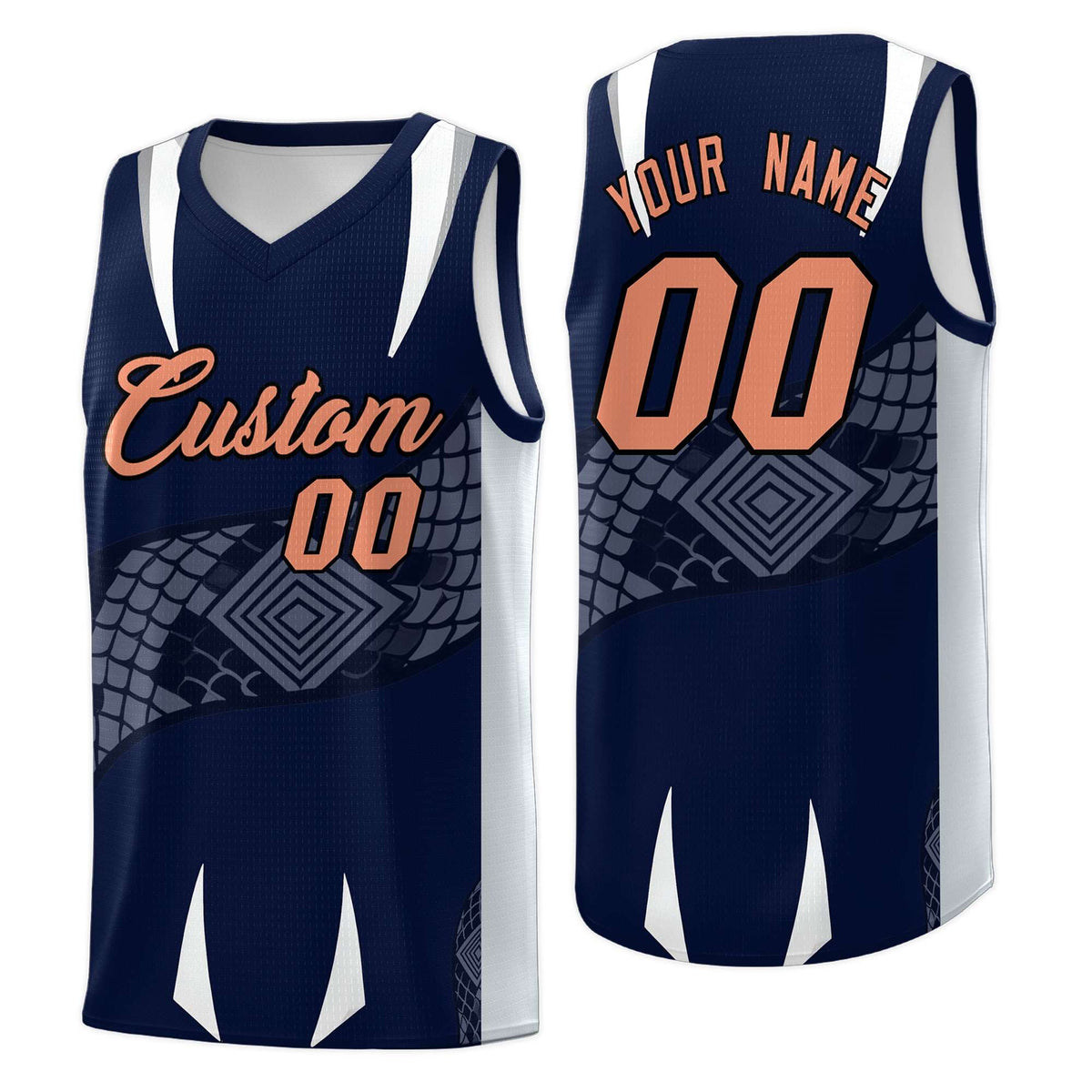 Custom Navy Silver Snake Scale Venomous Fang Drapable Graffiti Pattern Basketball Suit Jersey