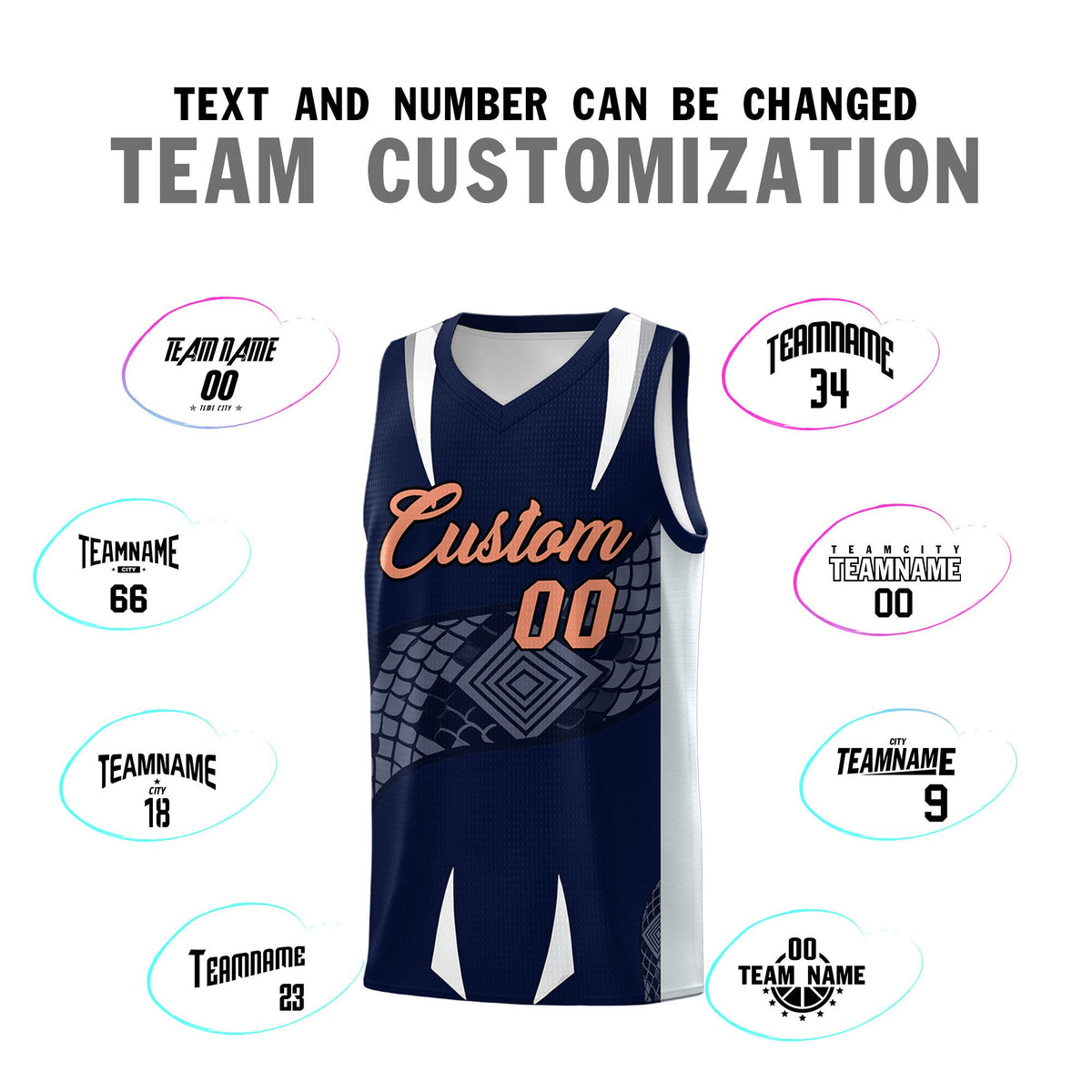 Custom Navy Silver Snake Scale Venomous Fang Drapable Graffiti Pattern Basketball Suit Jersey