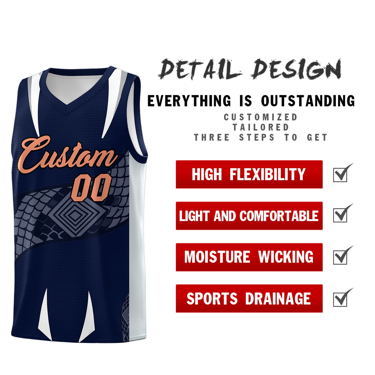 Custom Navy Silver Snake Scale Venomous Fang Drapable Graffiti Pattern Basketball Suit Jersey