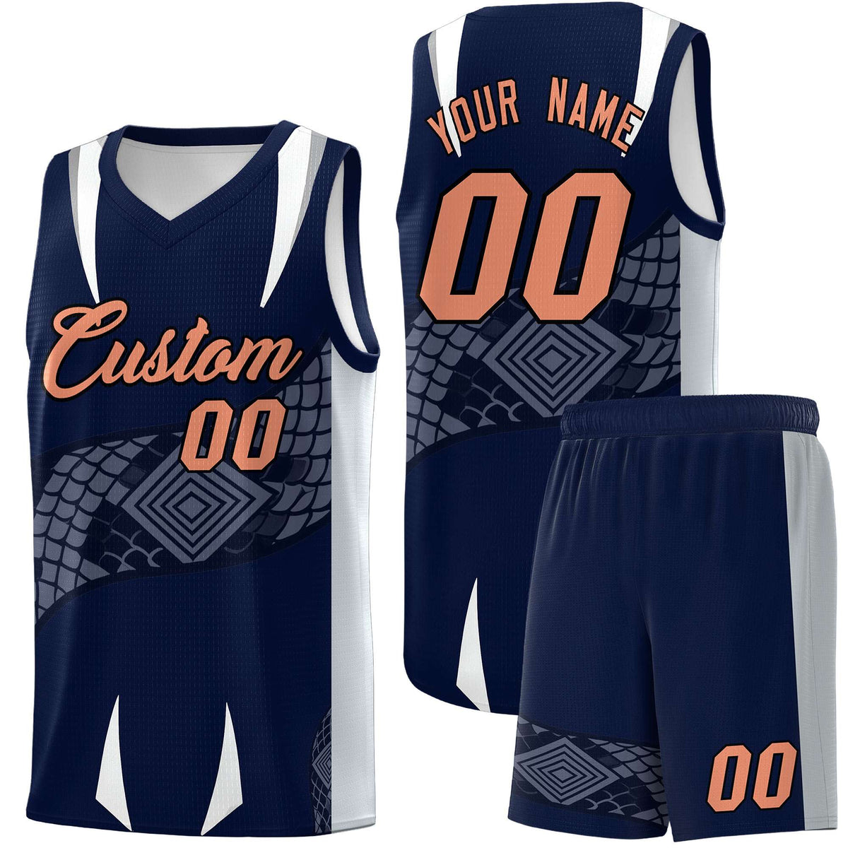 Custom Navy Silver Snake Scale Venomous Fang Drapable Graffiti Pattern Basketball Suit Jersey