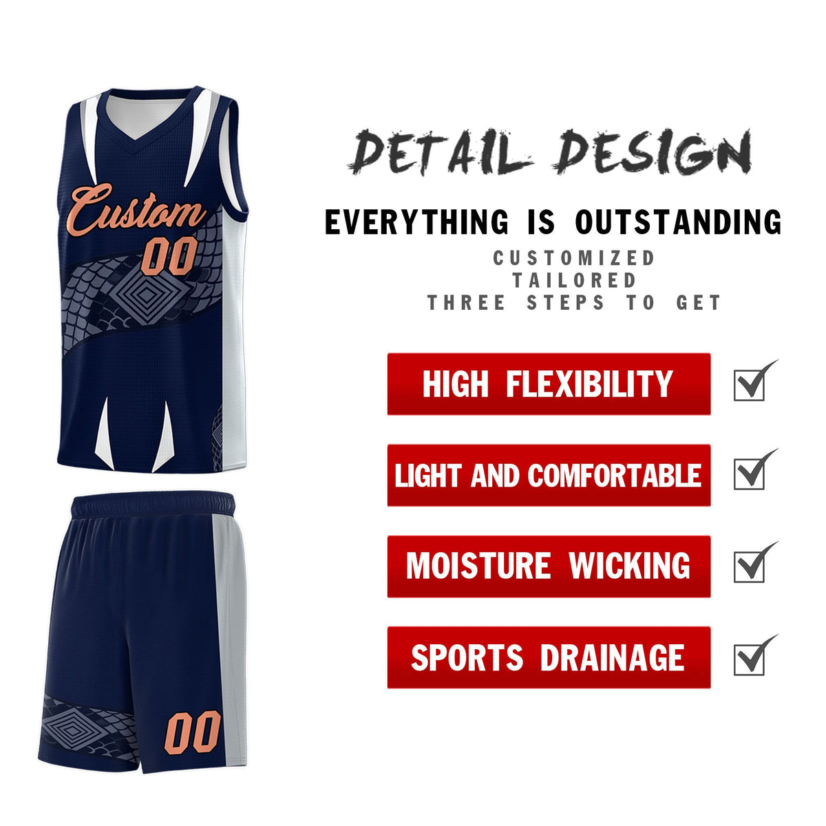 Custom Navy Silver Snake Scale Venomous Fang Drapable Graffiti Pattern Basketball Suit Jersey