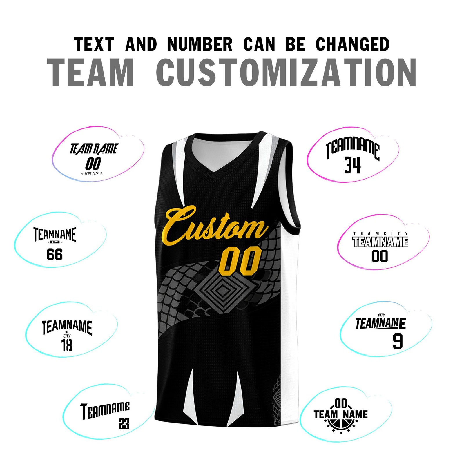 Custom Black White Snake Scale Venomous Fang Lightweight Graffiti Pattern Basketball Suit Jersey