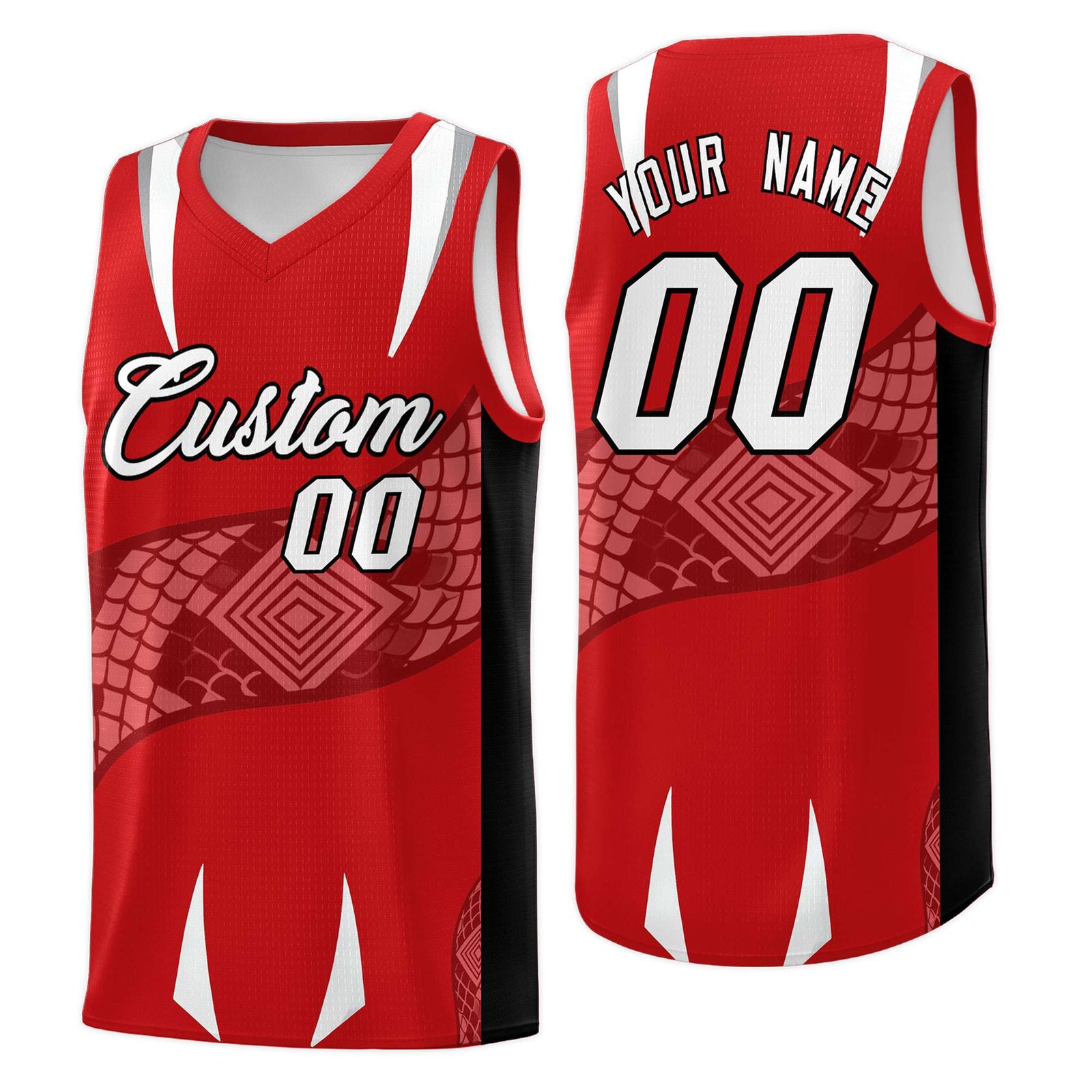 Custom Red Black Snake Scale Venomous Fang Drapable Graffiti Pattern Basketball Suit Jersey