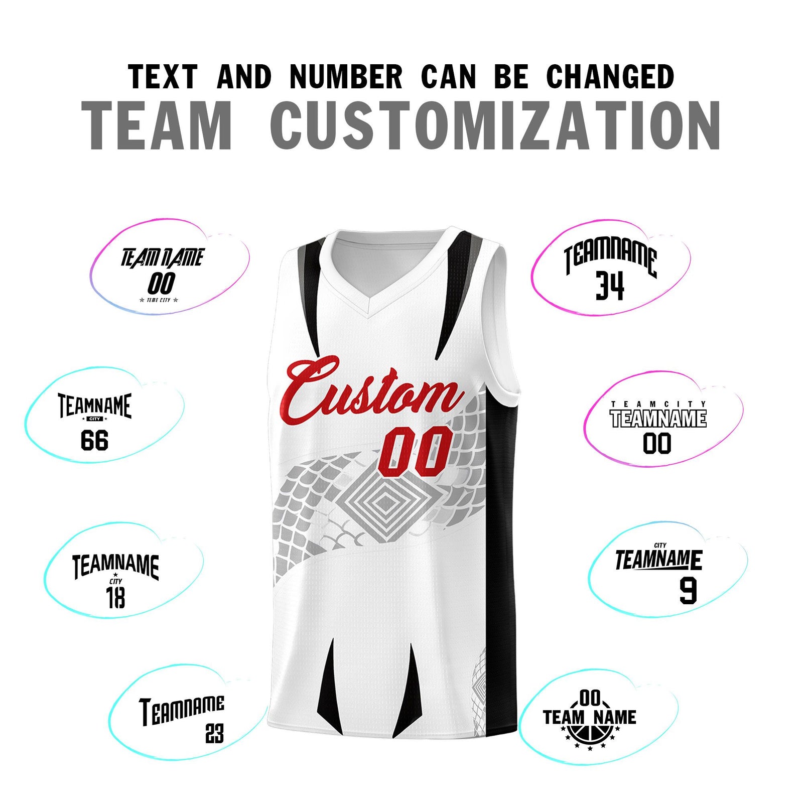 Custom White Black Snake Scale Venomous Fang for Leagues Graffiti Pattern Basketball Suit Jersey