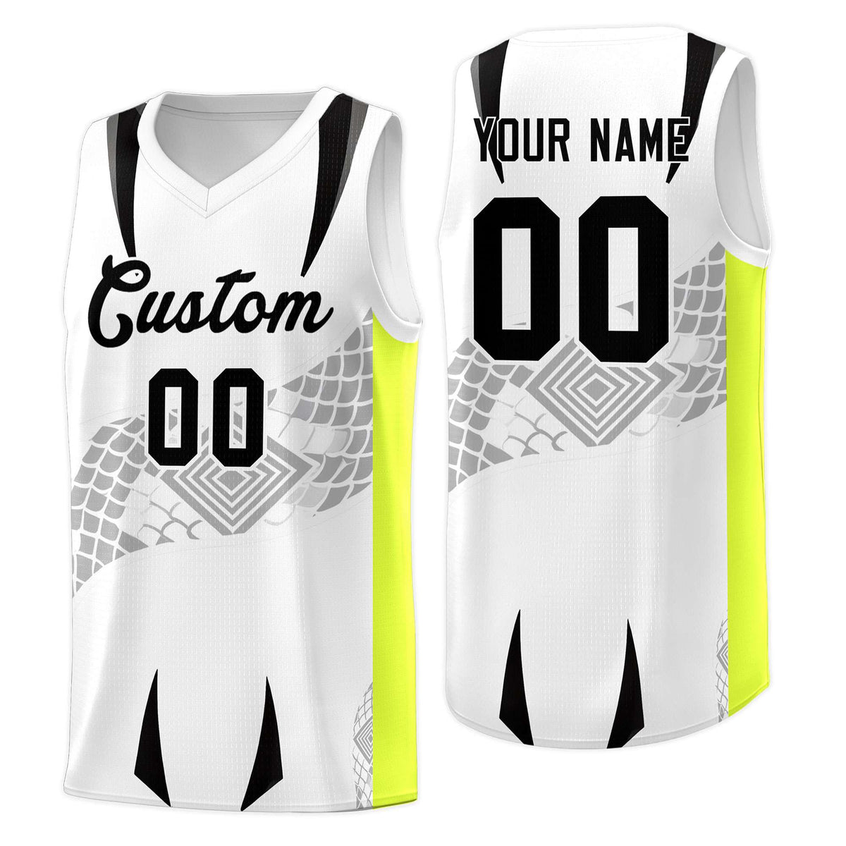 Custom White Neon Green Snake Scale Venomous Fang for Clubs Graffiti Pattern Basketball Suit Jersey