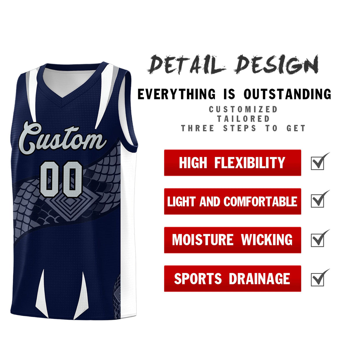 Custom Navy White Snake Scale Venomous Fang Lightweight Graffiti Pattern Basketball Suit Jersey
