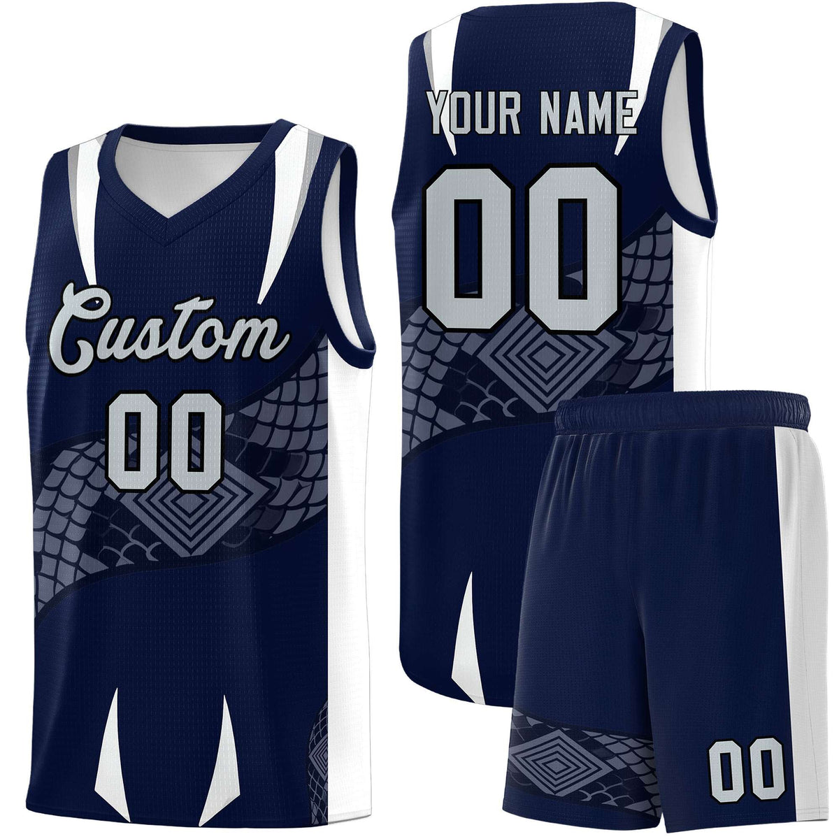 Custom Navy White Snake Scale Venomous Fang Lightweight Graffiti Pattern Basketball Suit Jersey