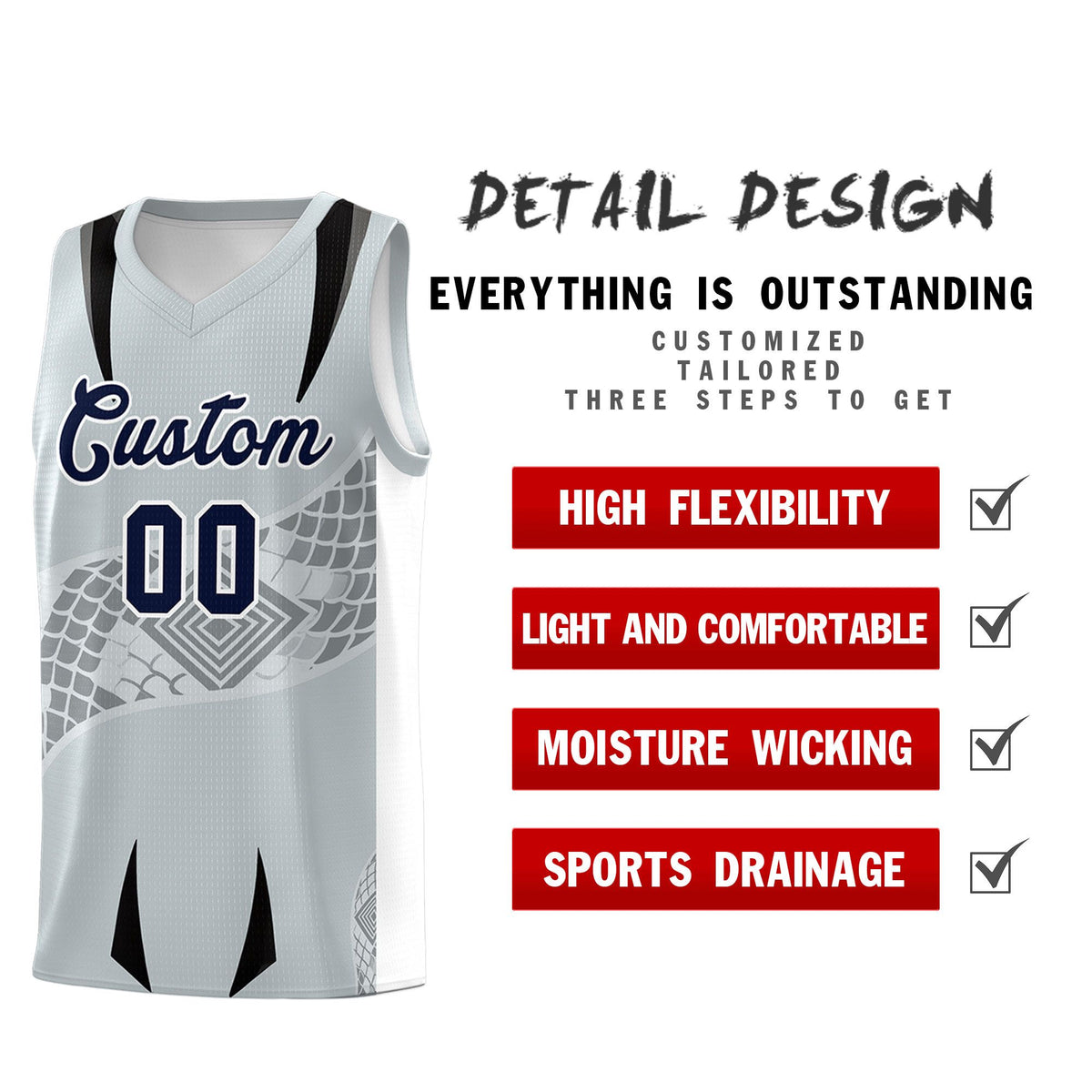 Custom Silver White Snake Scale Venomous Fang for Team Graffiti Pattern Basketball Suit Jersey