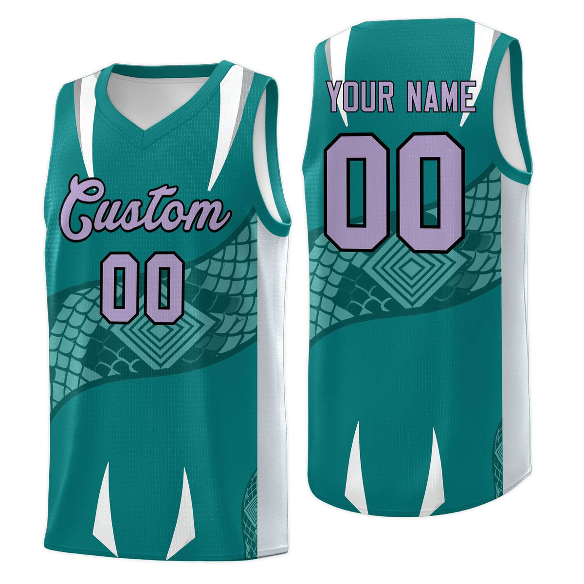 Custom Teal Silver Snake Scale Venomous Fang Breathable Graffiti Pattern Basketball Suit Jersey