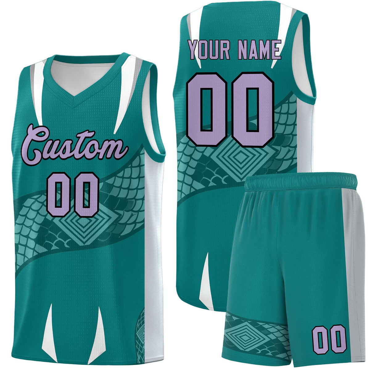 Custom Teal Silver Snake Scale Venomous Fang Breathable Graffiti Pattern Basketball Suit Jersey