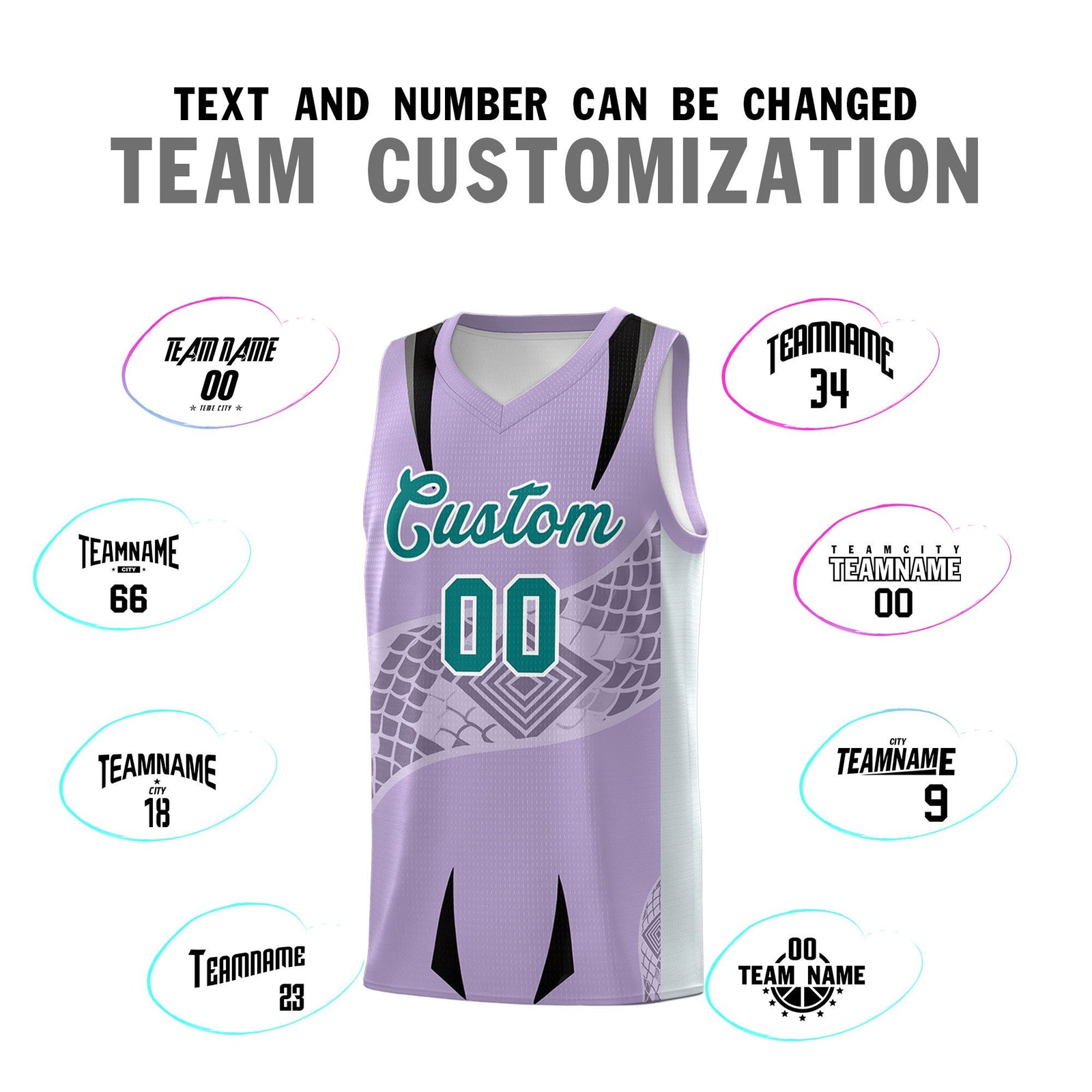 Custom Light Purple Silver Snake Scale Venomous Fang for Clubs Graffiti Pattern Basketball Suit Jersey