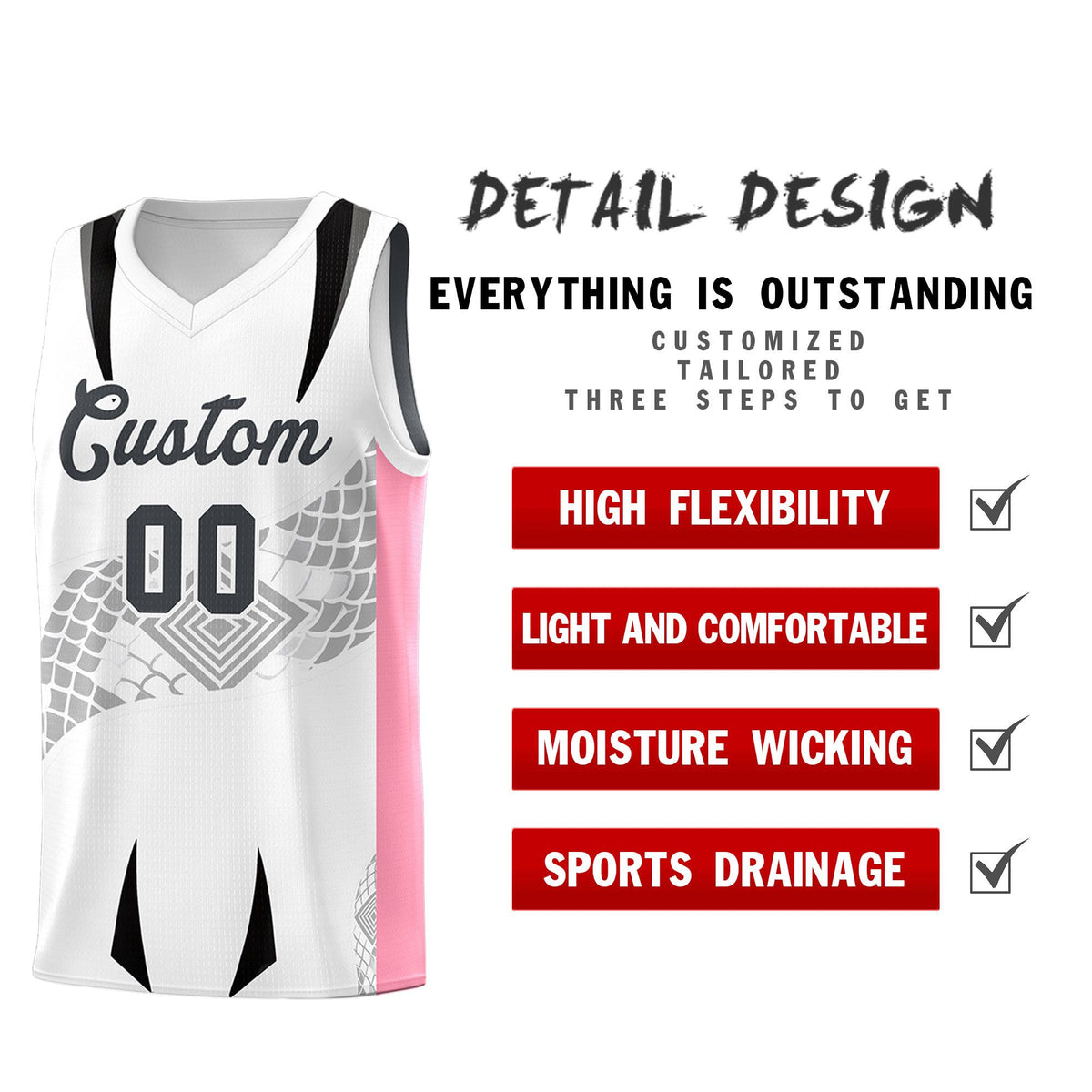 Custom White Light Pink Snake Scale Venomous Fang for Leagues Graffiti Pattern Basketball Suit Jersey