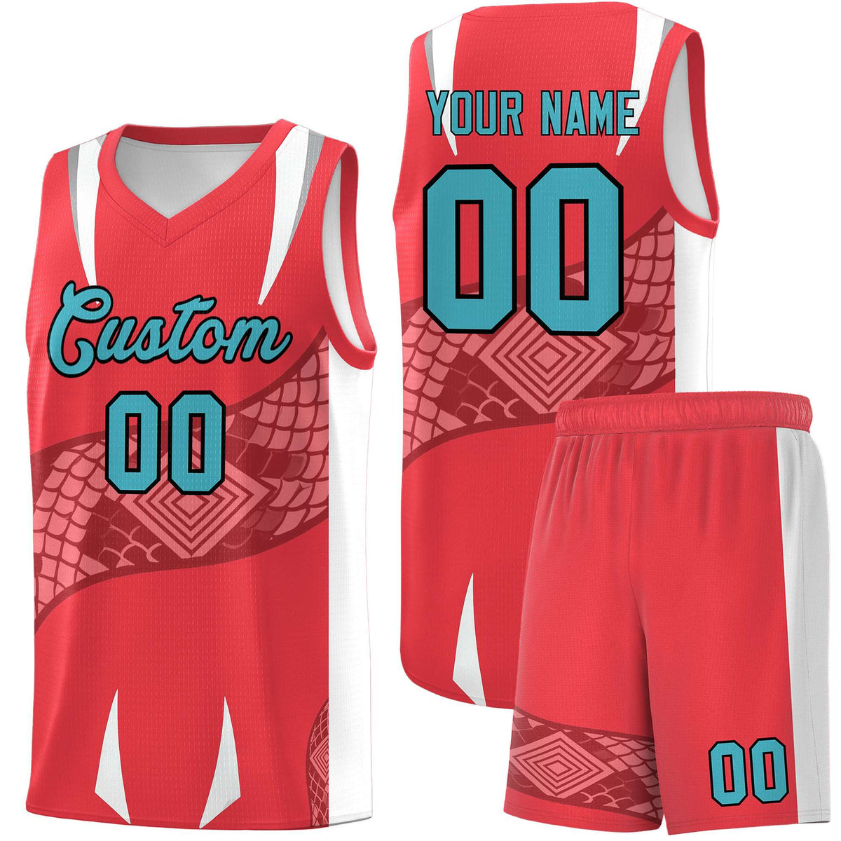 Custom Light Red White Snake Scale Venomous Fang Lightweight Graffiti Pattern Basketball Suit Jersey