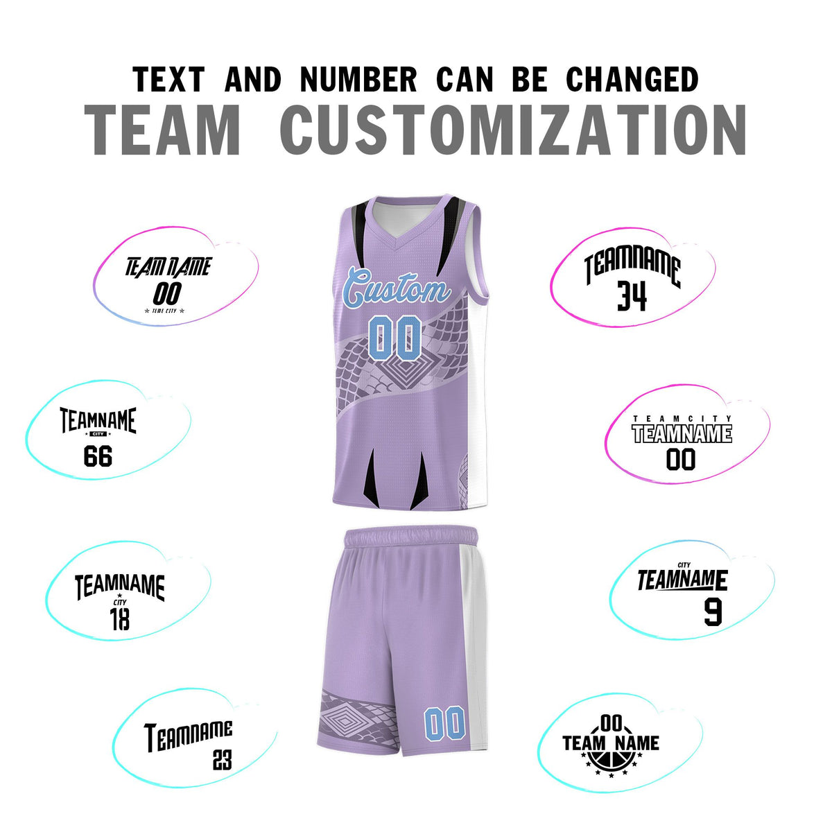 Custom Light Purple White Snake Scale Venomous Fang for Team Graffiti Pattern Basketball Suit Jersey