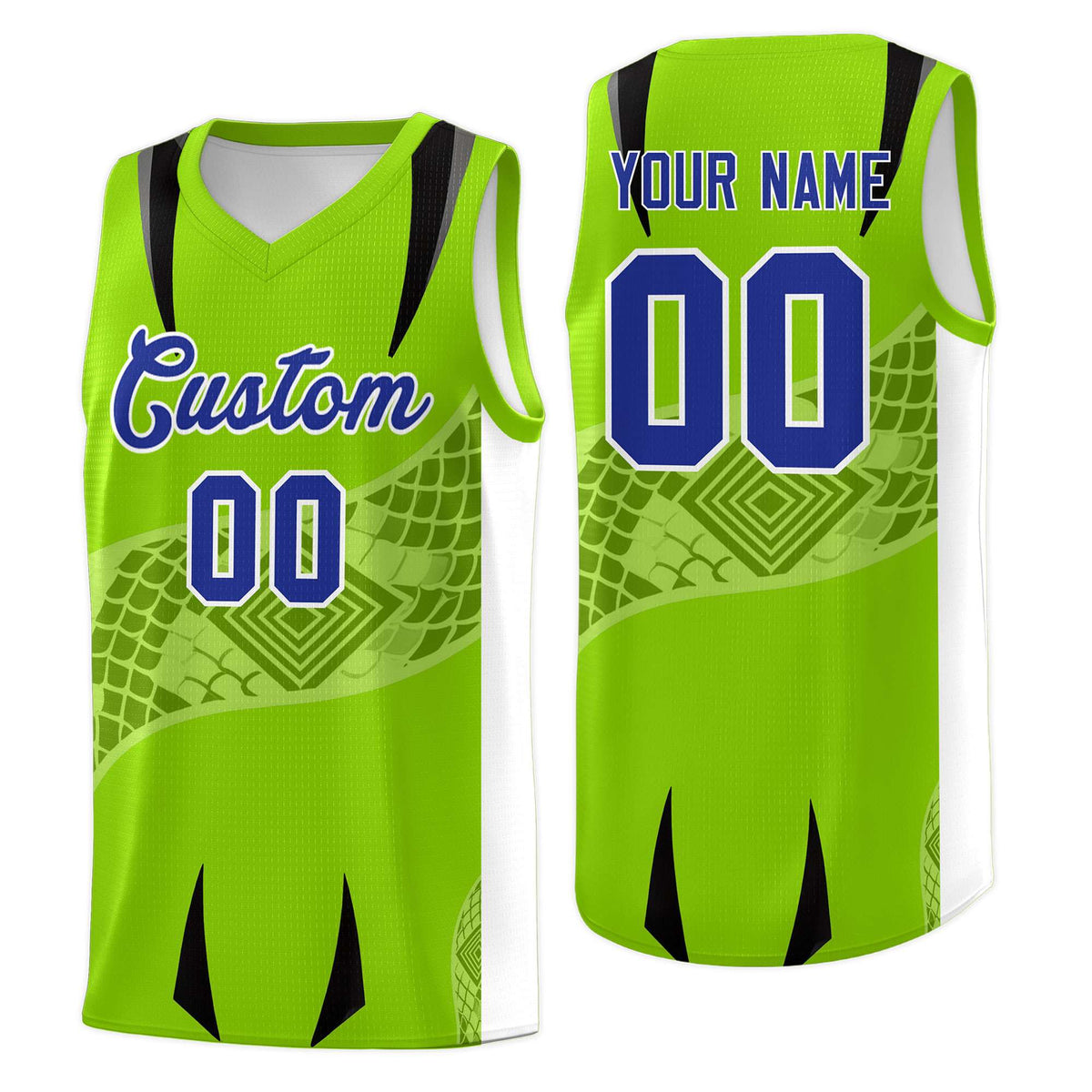 Custom Neon Green White Snake Scale Venomous Fang for Leagues Graffiti Pattern Basketball Suit Jersey