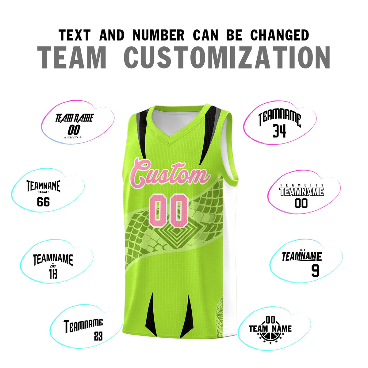Custom Neon Green White Snake Scale Venomous Fang for Leagues Graffiti Pattern Basketball Suit Jersey