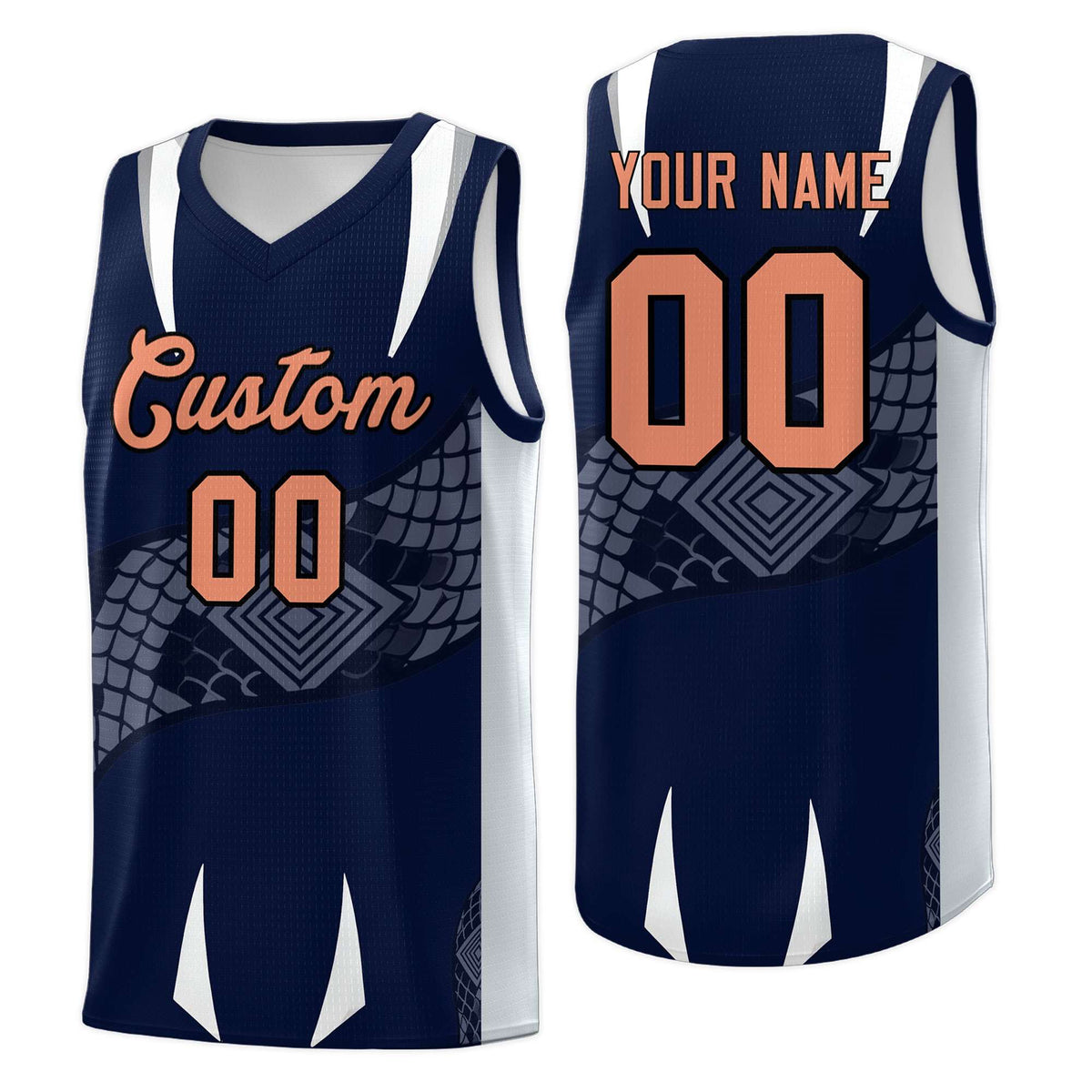 Custom Navy Silver Snake Scale Venomous Fang Drapable Graffiti Pattern Basketball Suit Jersey