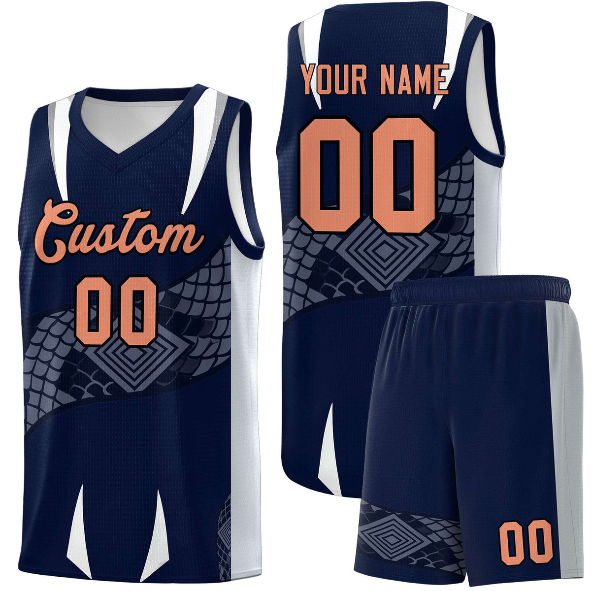 Custom Navy Silver Snake Scale Venomous Fang Drapable Graffiti Pattern Basketball Suit Jersey