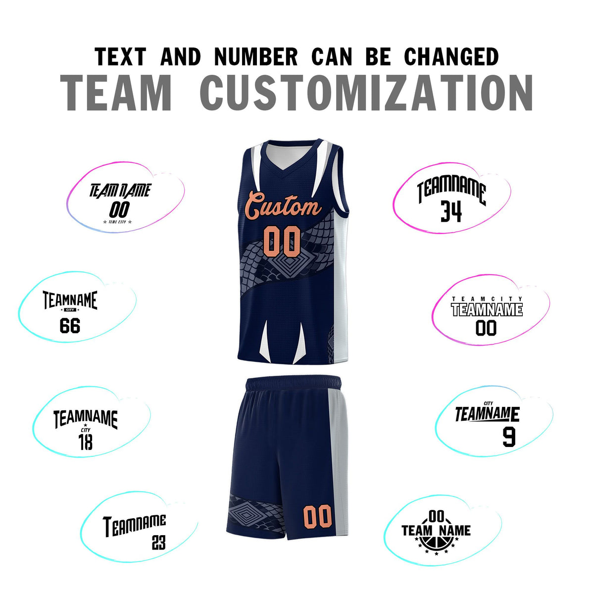 Custom Navy Silver Snake Scale Venomous Fang Drapable Graffiti Pattern Basketball Suit Jersey