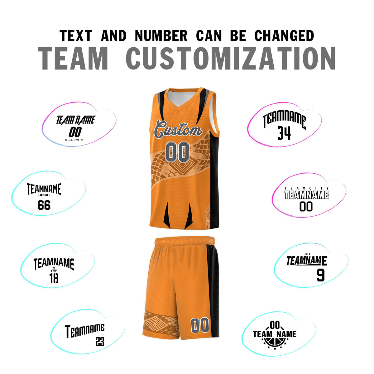 Custom Orange Black Snake Scale Venomous Fang for Clubs Graffiti Pattern Basketball Suit Jersey