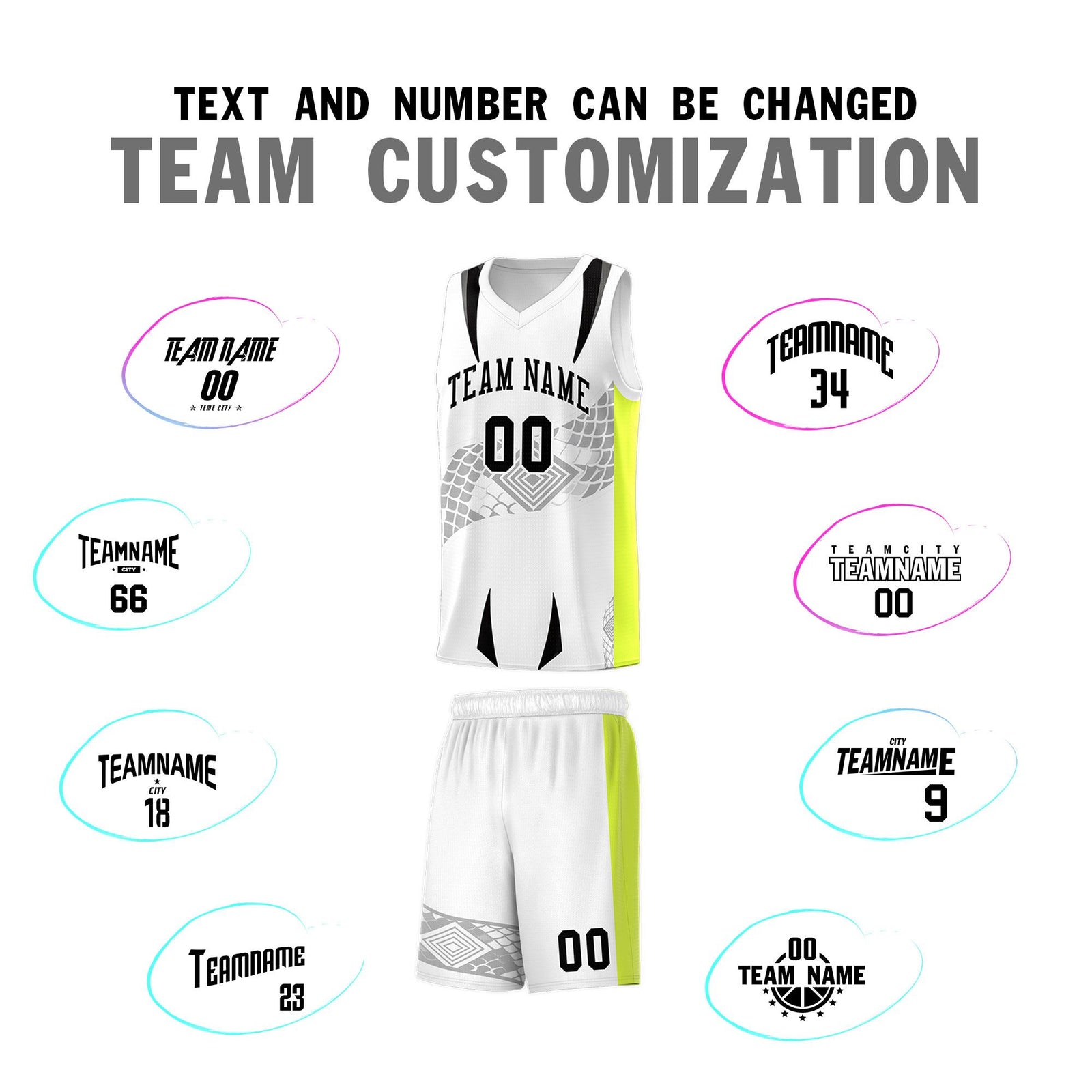 Custom White Neon Green Snake Scale Venomous Fang for Clubs Graffiti Pattern Basketball Suit Jersey