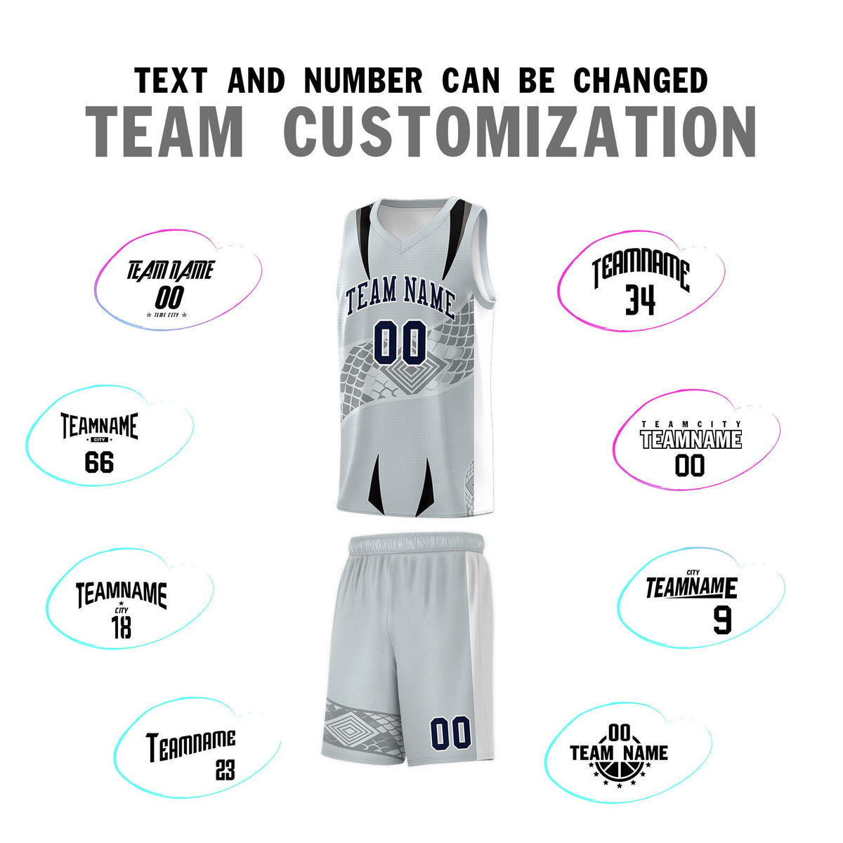 Custom Silver White Snake Scale Venomous Fang for Team Graffiti Pattern Basketball Suit Jersey