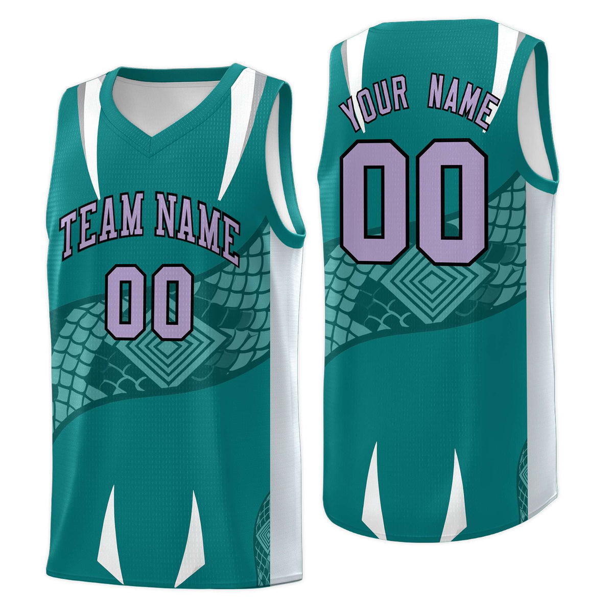Custom Teal Silver Snake Scale Venomous Fang Breathable Graffiti Pattern Basketball Suit Jersey