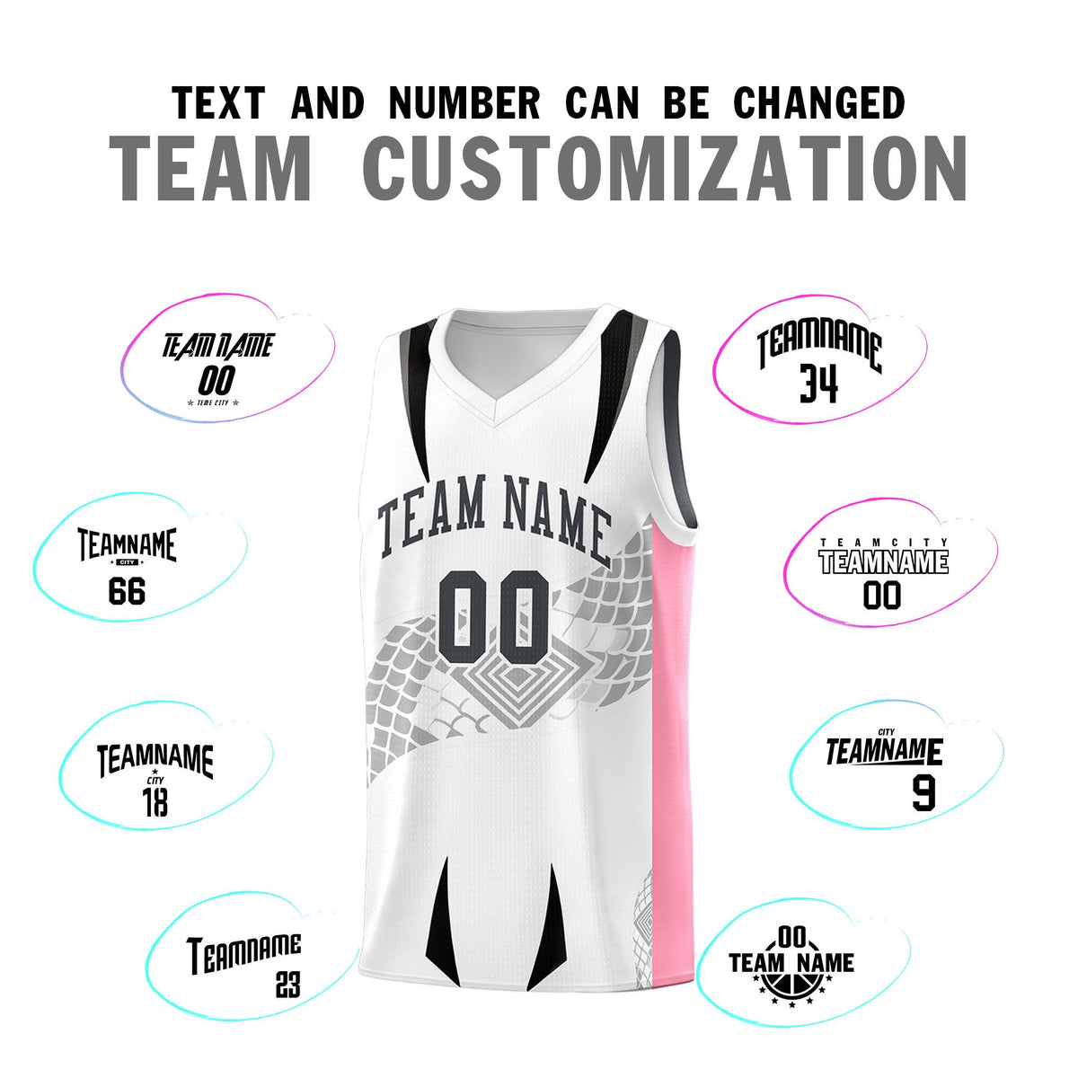Custom White Light Pink Snake Scale Venomous Fang for Leagues Graffiti Pattern Basketball Suit Jersey