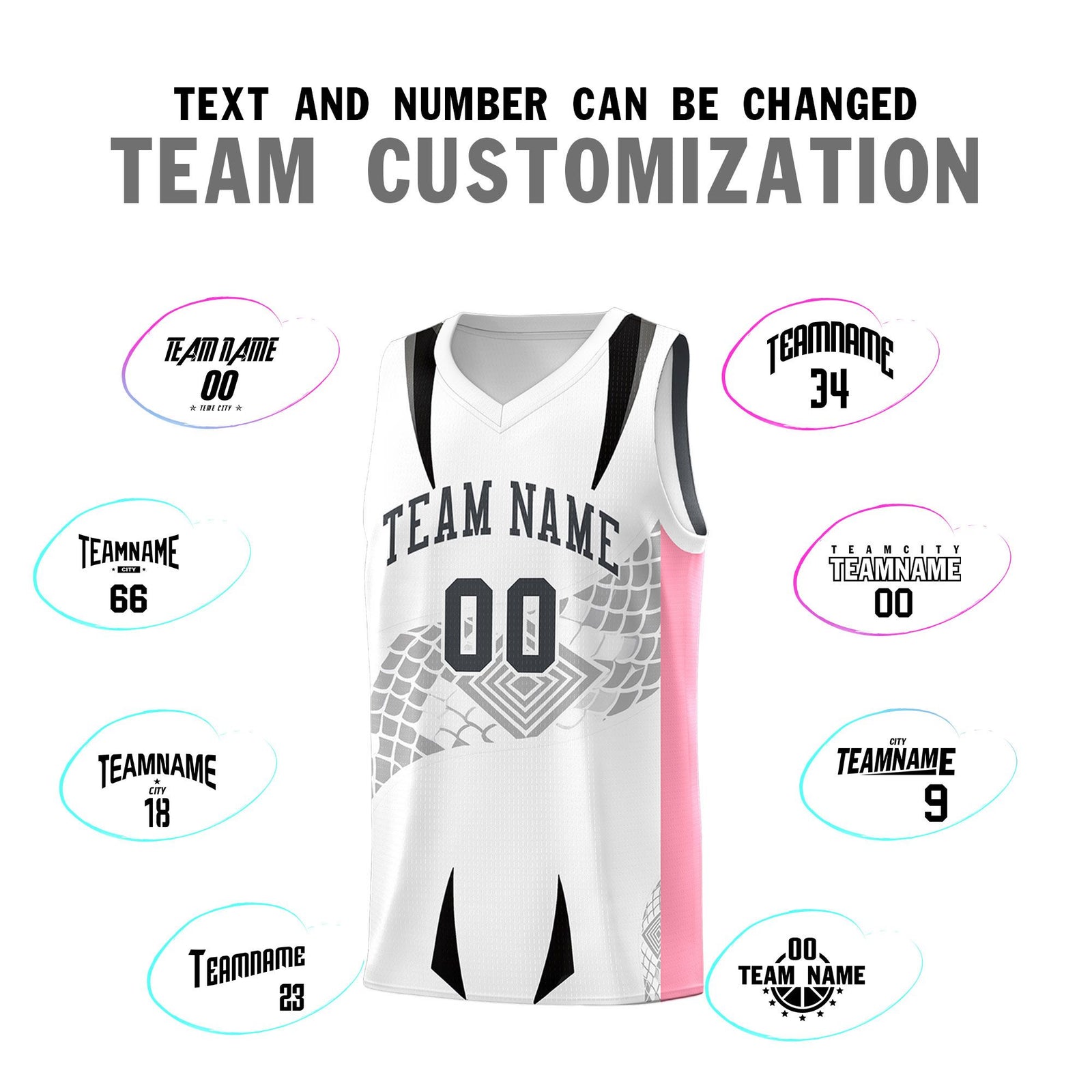 Custom White Light Pink Snake Scale Venomous Fang for Leagues Graffiti Pattern Basketball Suit Jersey
