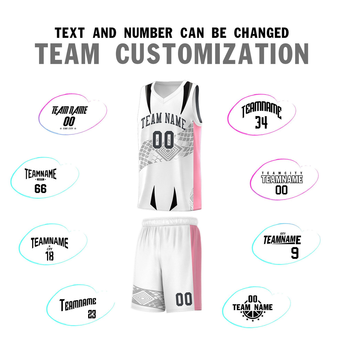 Custom White Light Pink Snake Scale Venomous Fang for Leagues Graffiti Pattern Basketball Suit Jersey