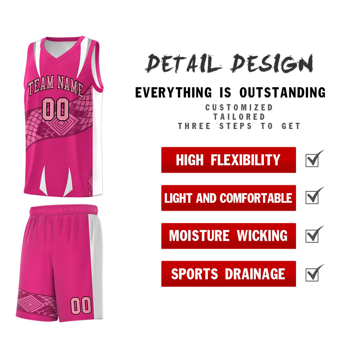 Custom Rose Red White Snake Scale Venomous Fang Breathable Graffiti Pattern Basketball Suit Jersey