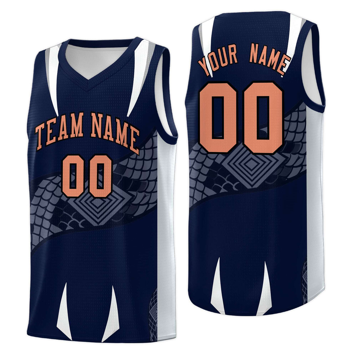 Custom Navy Silver Snake Scale Venomous Fang Drapable Graffiti Pattern Basketball Suit Jersey