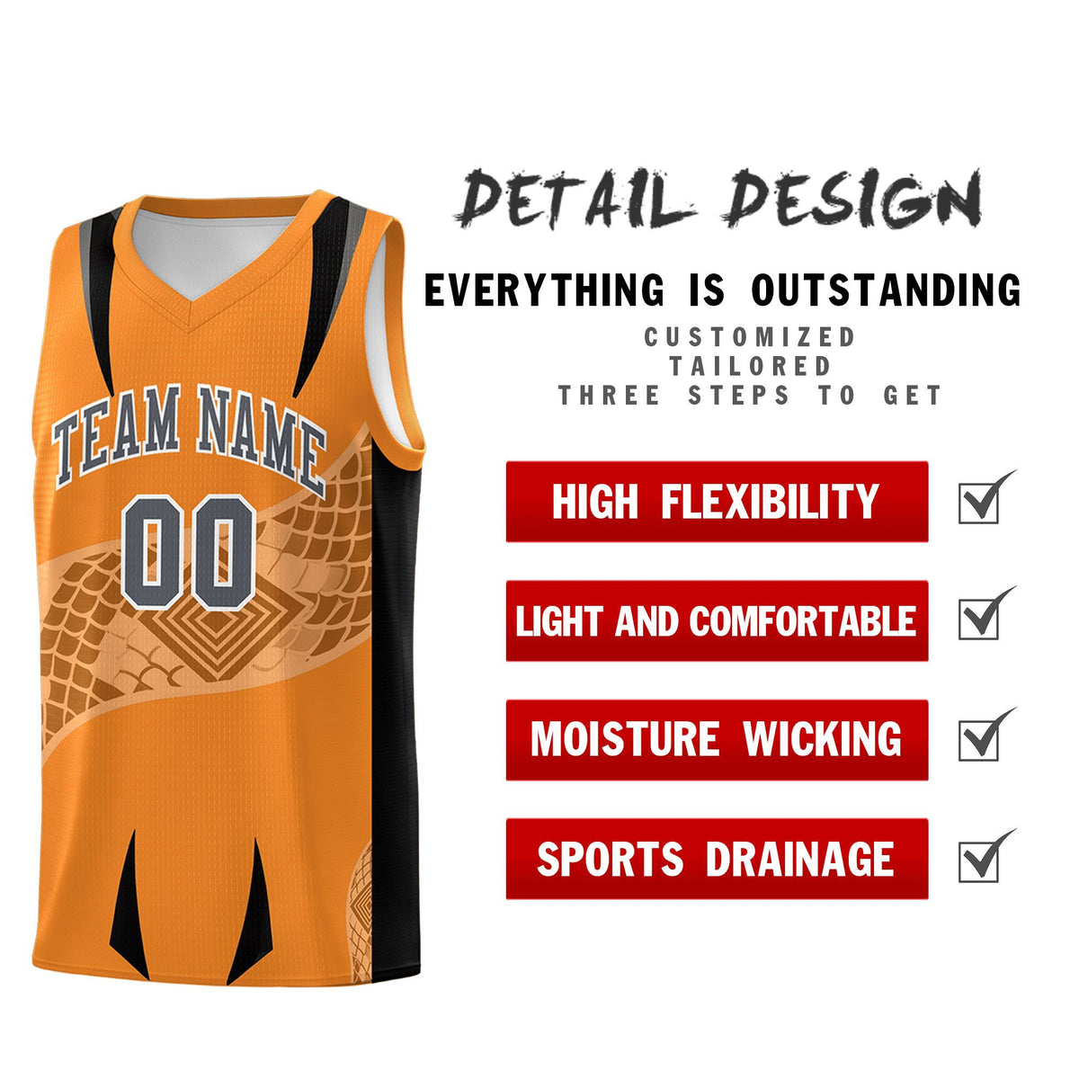 Custom Orange Black Snake Scale Venomous Fang for Clubs Graffiti Pattern Basketball Suit Jersey