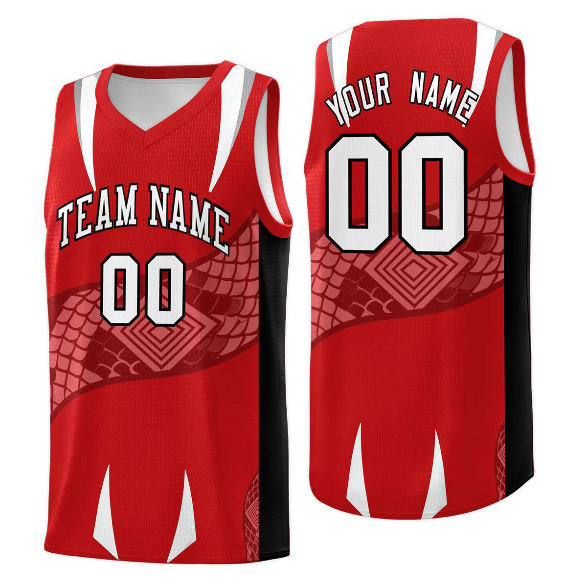 Custom Red Black Snake Scale Venomous Fang Drapable Graffiti Pattern Basketball Suit Jersey
