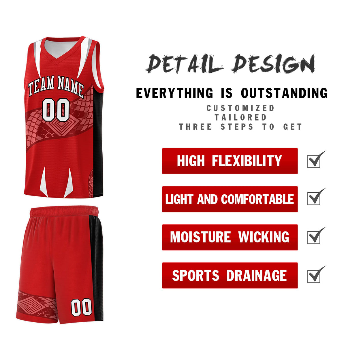 Custom Red Black Snake Scale Venomous Fang Drapable Graffiti Pattern Basketball Suit Jersey
