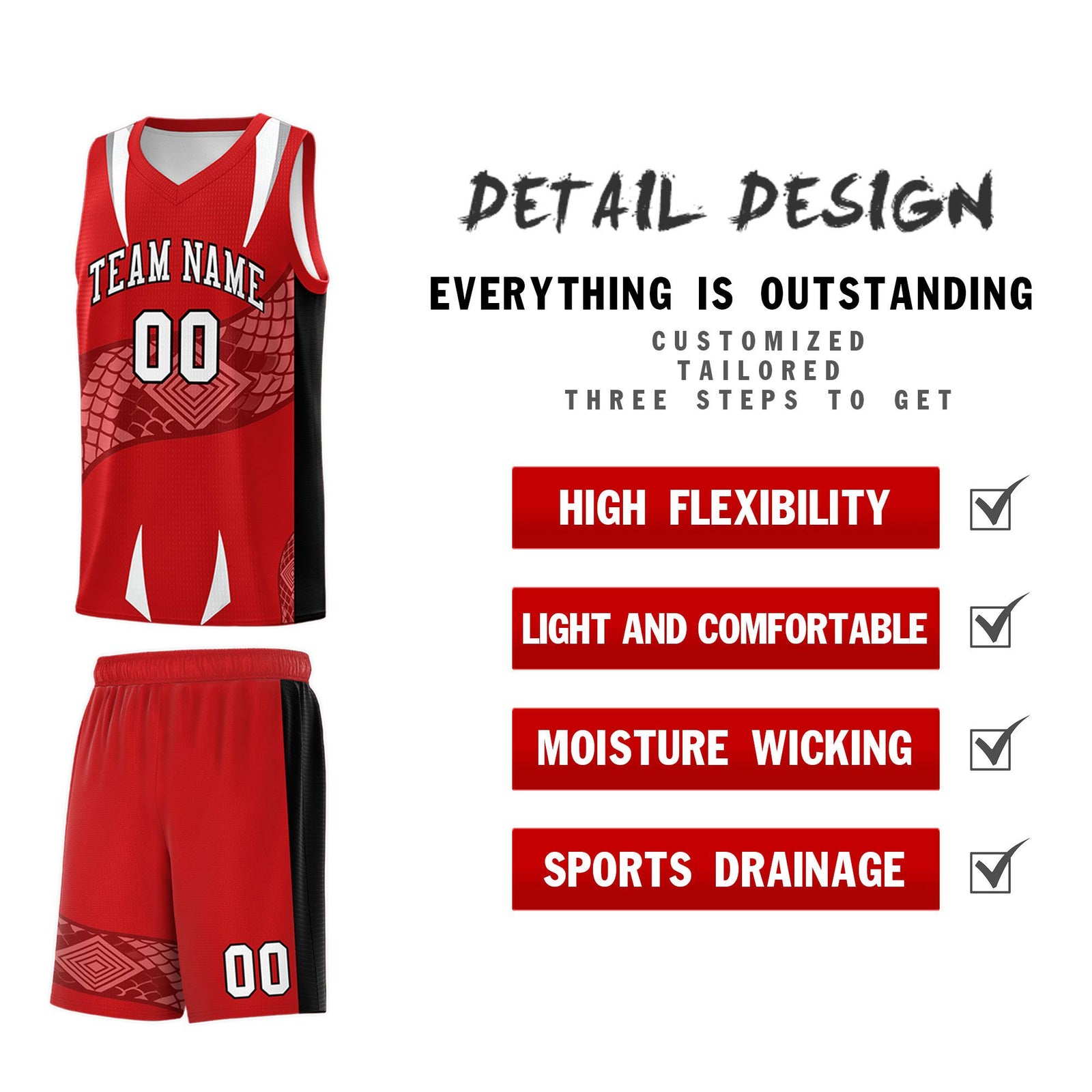 Custom Red Black Snake Scale Venomous Fang Drapable Graffiti Pattern Basketball Suit Jersey