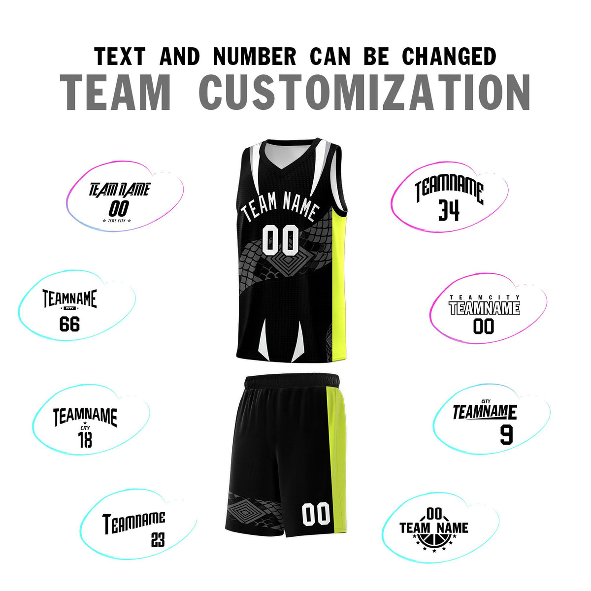Custom Black Neon Green Snake Scale Venomous Fang Breathable Graffiti Pattern Basketball Suit Jersey