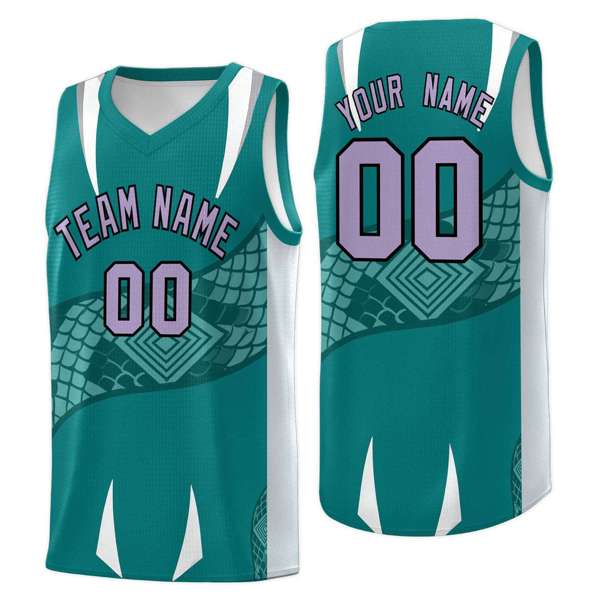 Custom Teal Silver Snake Scale Venomous Fang Breathable Graffiti Pattern Basketball Suit Jersey