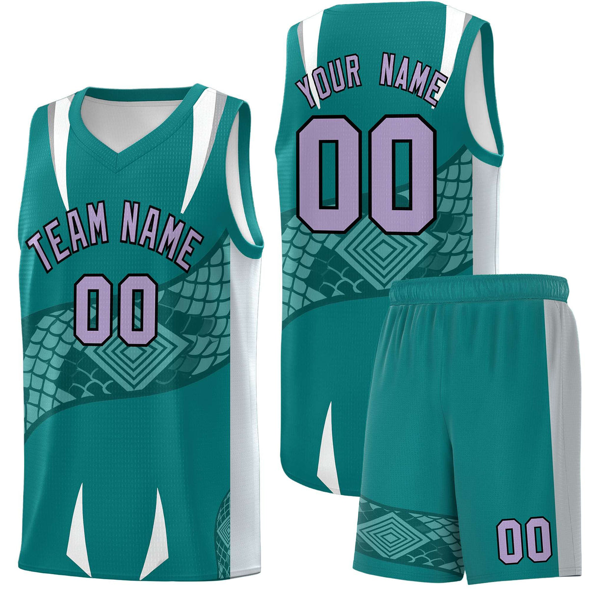 Custom Teal Silver Snake Scale Venomous Fang Breathable Graffiti Pattern Basketball Suit Jersey