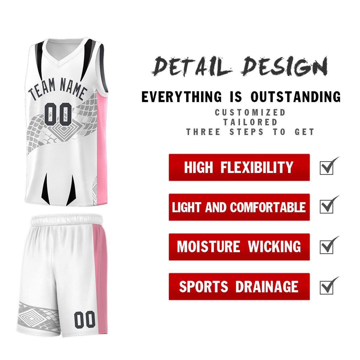 Custom White Light Pink Snake Scale Venomous Fang for Leagues Graffiti Pattern Basketball Suit Jersey