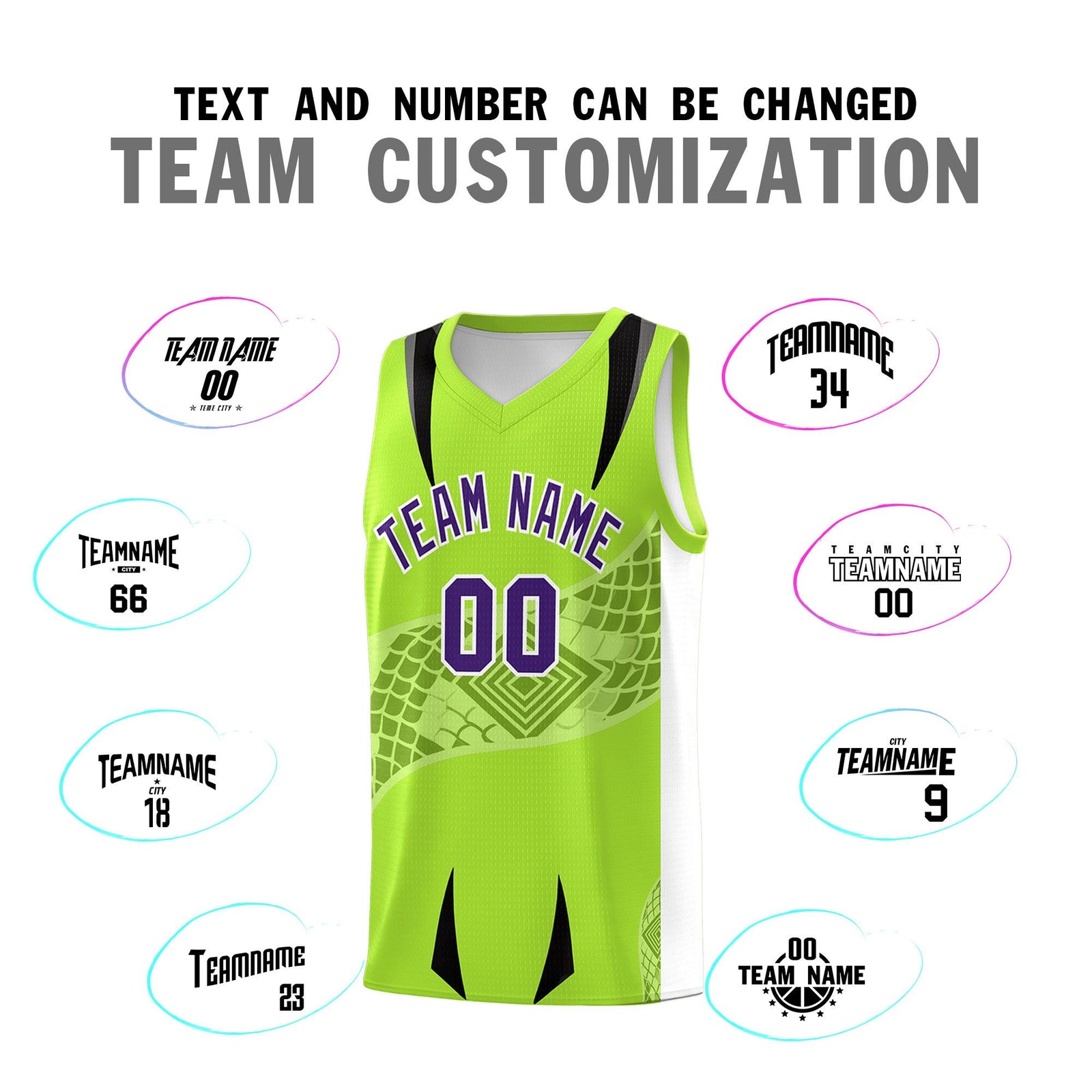 Custom Neon Green White Snake Scale Venomous Fang for Clubs Graffiti Pattern Basketball Suit Jersey