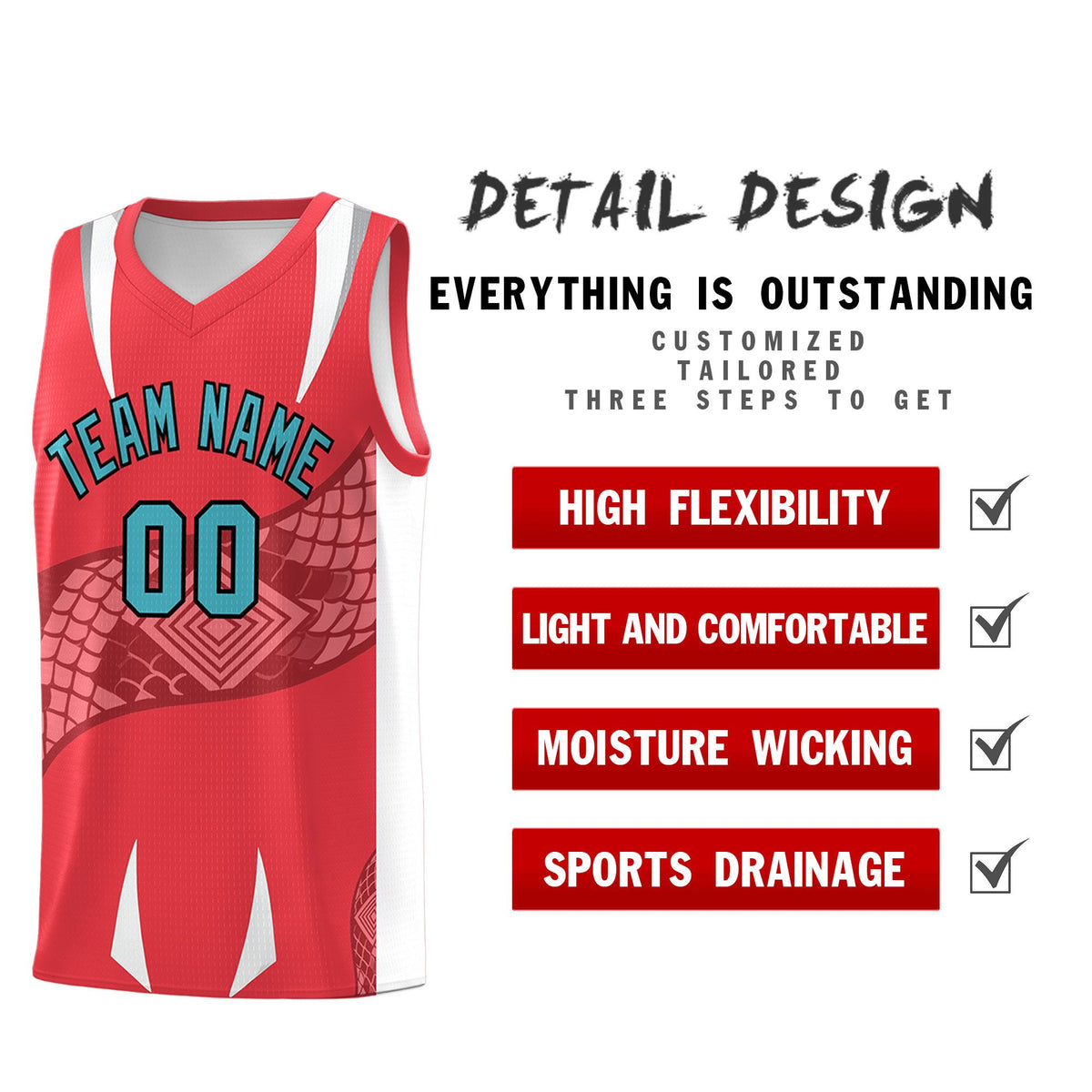 Custom Light Red White Snake Scale Venomous Fang Lightweight Graffiti Pattern Basketball Suit Jersey