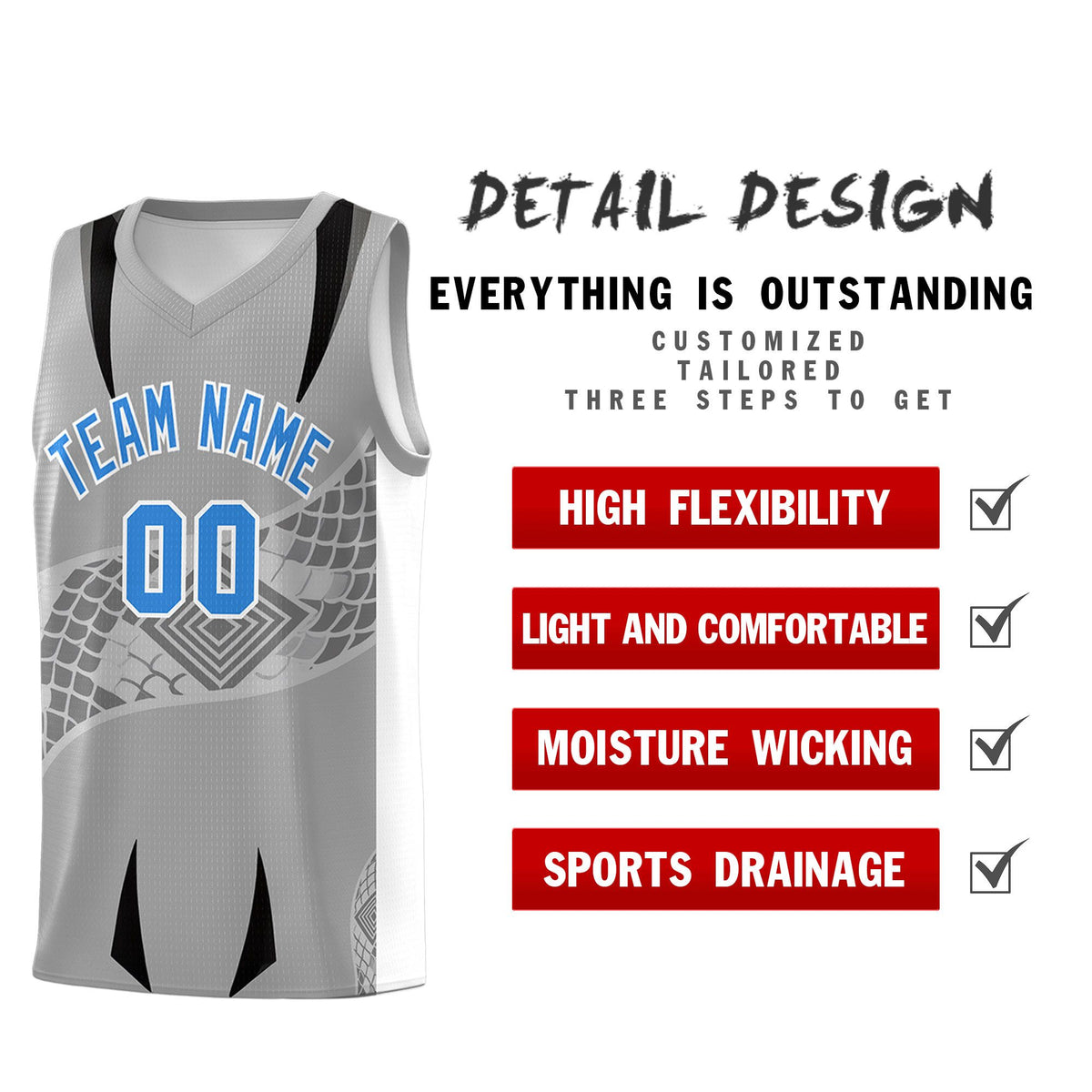 Custom Gray White Snake Scale Venomous Fang for Team Graffiti Pattern Basketball Suit Jersey