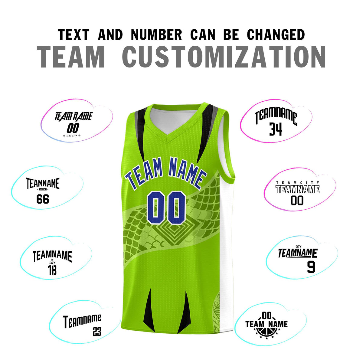 Custom Neon Green White Snake Scale Venomous Fang for Leagues Graffiti Pattern Basketball Suit Jersey